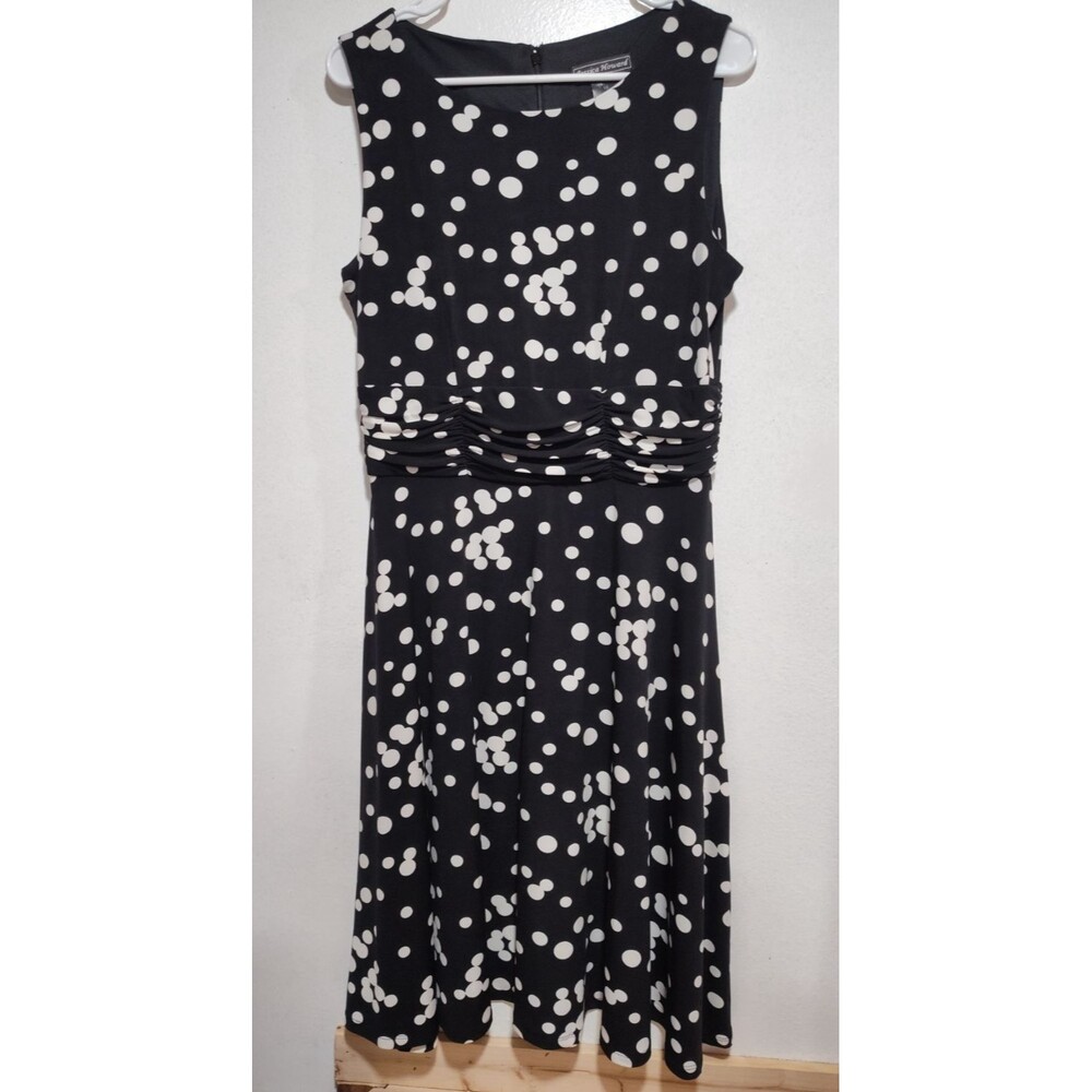 Jessica Howard Black & White Polka Dot Jersey Sleeveless A-Line Midi Dress Sz 10